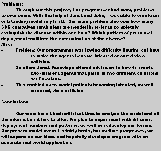 Text Box: Problems:	Through out this project, I as programmer had many problems to over come. With the help of Janet and John, I was able to create an outstanding model (my first).  Our main problem also was how many CDC operatives (antidotes) are needed in order to completely extinguish the disease within one hour? Which patters of personnel deployment facilitate the extermination of the disease?Also: Problem: Our programmer was having difficulty figuring out how 	to make the agents become infected or cured via a 	collision. Solution: Janet Penevlope offered advice as to how to create 	two different agents that perform two different collisions 	set functions. This enabled us to model patients becoming infected, as well 	as cured, via a collision. Conclusions	Our team hasn�t had sufficient time to analyze the model and all the information it has to offer. We plan to experiment with different deployment numbers and patterns, as well as redevelop our terrain. Our present model overall is fairly basic, but as time progresses, we will expand on our ideas and hopefully develop a program with an accurate real-world application. 