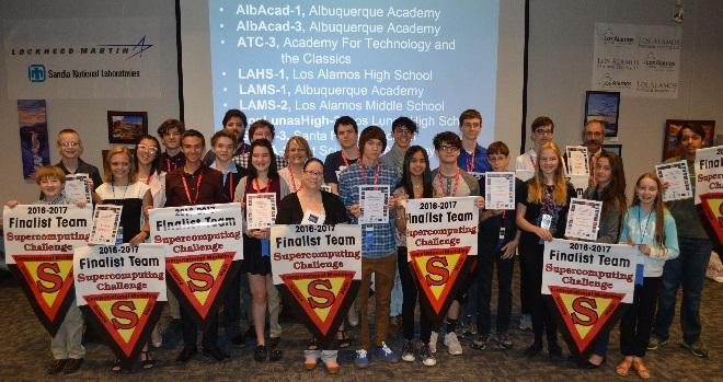 Finalist teams with project banners at Expo